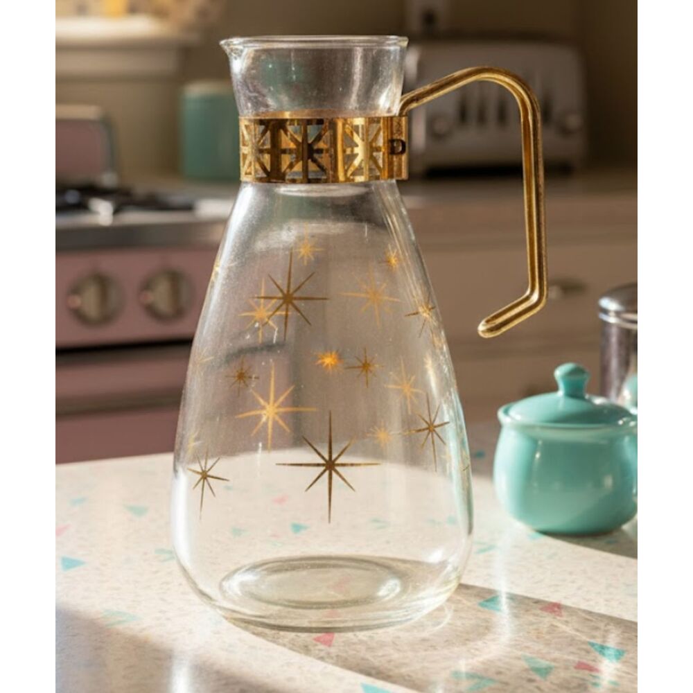 MCM Mid-Century Modern Star-Burst Medal Handle Carafe Vintage Distinctive Decor